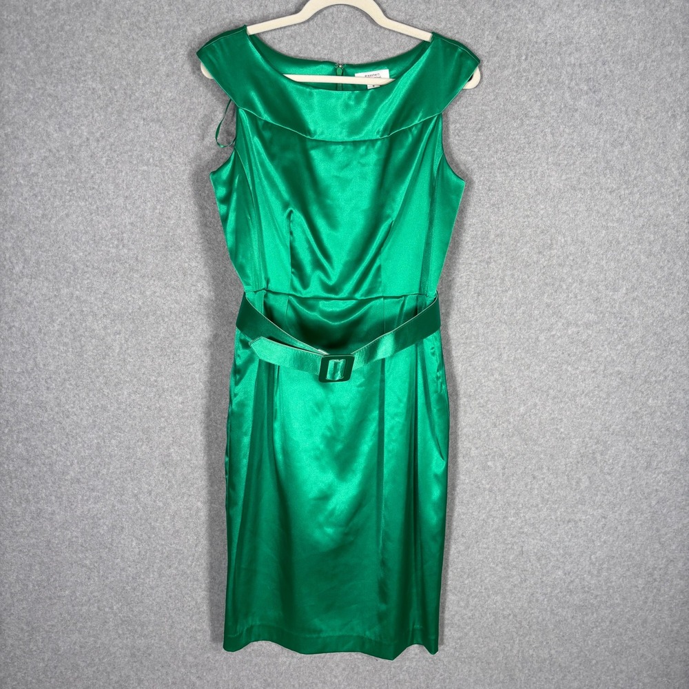 Dressbarn Satin Sheath Pencil Dress 10 Belted Retro Mod 50s 60s Kelly Emerald